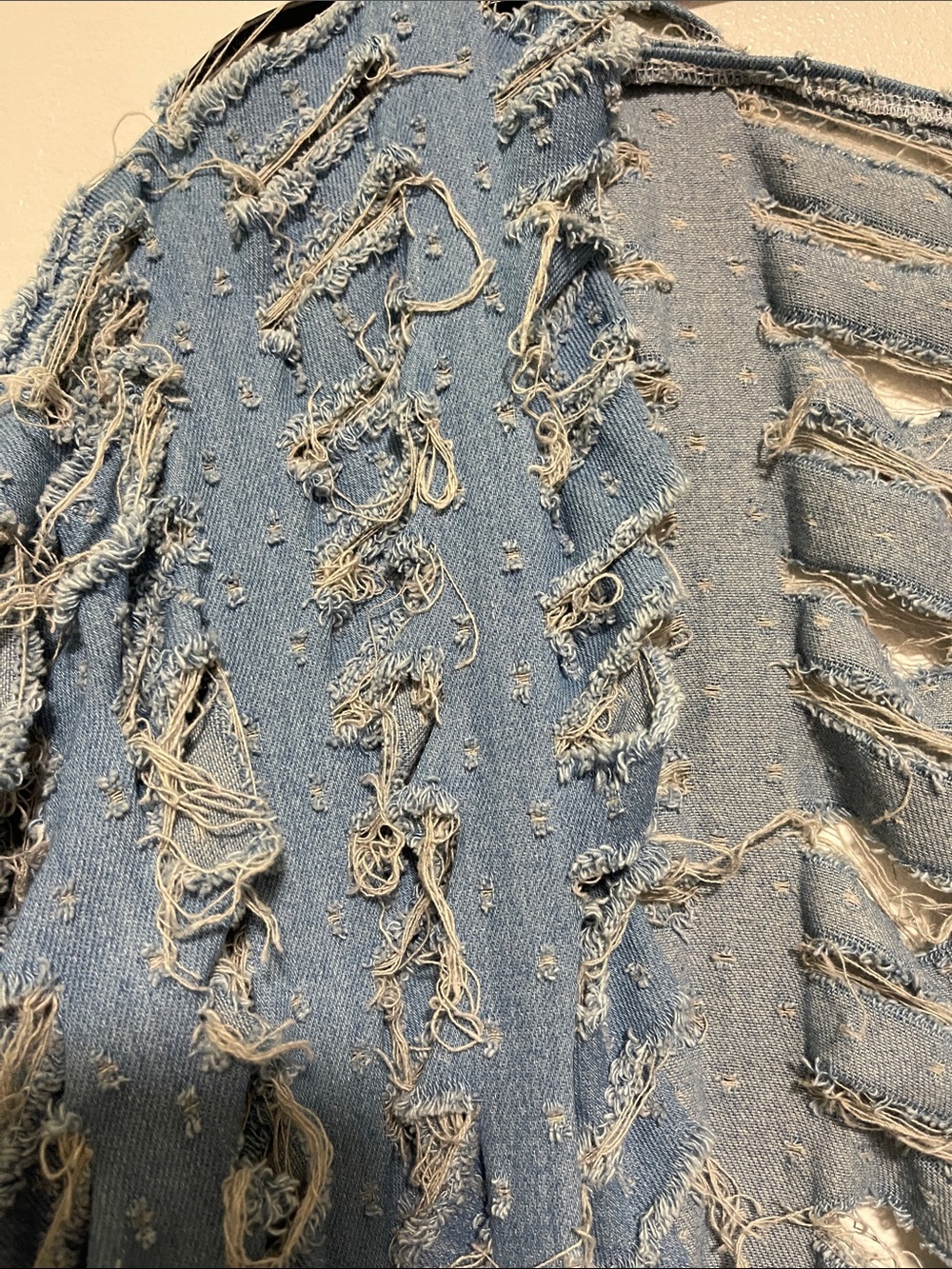 Distressed Open Knit Denim Blue Duster Cardigan - Picture 4 of 6